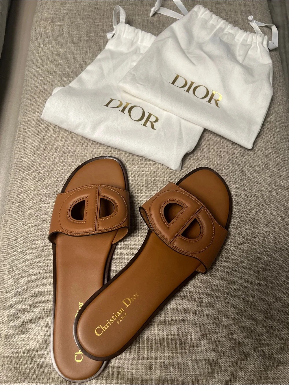 Dior Brown Leather Slide Sandals with Cutout CD Logo